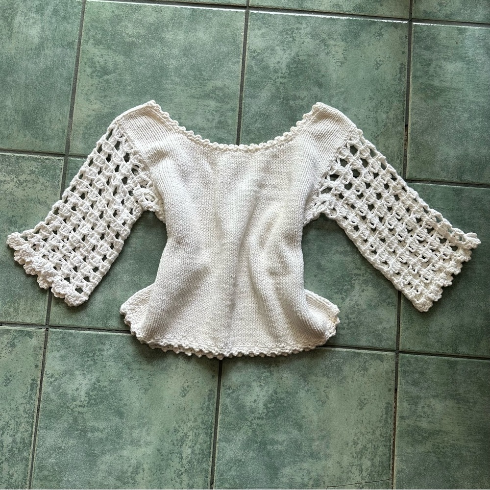VTG White Chunky Hand knit Crochet Lace 100% Cotton Quarter Sleeve Sweater